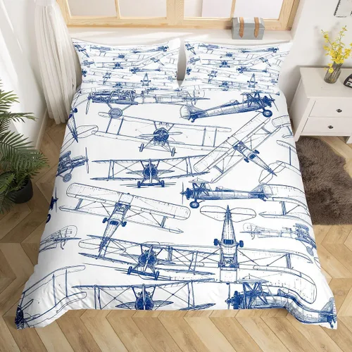 Miniatura 17 de Feelyou Juego de ropa de cama de avión, tamaño individual, para niños, adolescentes, funda de edredón para vuelo, helicóptero, avión volador, azul