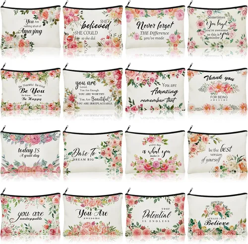 Miniatura 13 de Pinkunn - 16 bolsas de maquillaje de lona, regalos a granel para mujeres, bolsa de cosméticos inspiradores cristianos religiosos con cremallera