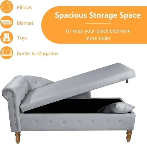Miniatura 4 de Aoowow Banco de almacenamiento de terciopelo para dormitorio, extremo de la cama, sofá con brazo enrollado, tumbona para interiores con Gris 58