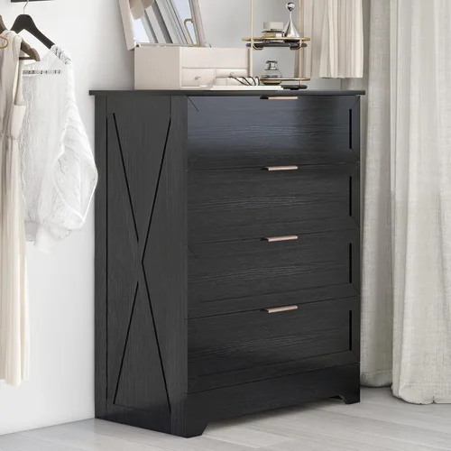 Miniatura 6 de FTZxHKLX Cómoda moderna de 4 cajones para dormitorio, cómoda alta con cajón grande y asas de oro rosa, organizador de almacenamiento de madera, Negro