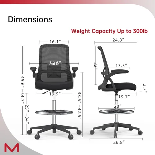 Miniatura 3 de Silla de dibujo, silla de oficina alta con soporte lumbar, silla de oficina alta con reposabrazos abatibles, silla de escritorio de pie con anillo