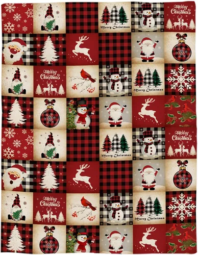 Miniatura 5 de Manta de franela a cuadros rojos de Navidad súper suave, mantas de forro polar de reno, Santa, muñeco de nieve, árbol de Navidad, manta afelpada