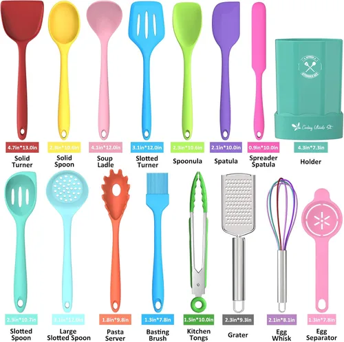 Miniatura 8 de Deedro - Juego de utensilios de cocina de silicona, 16 piezas de utensilios de cocina de silicona, resistentes al calor, con soporte, espátula