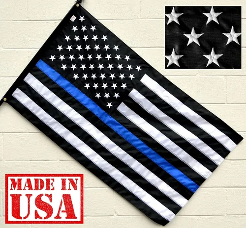 Miniatura 6 de US Flag Factory Bandera estadounidense de línea azul delgada de 3 x 5 pies (estrellas bordadas, rayas cosidas) para oficiales de policía, bandera