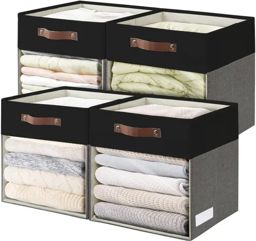 Miniatura 18 de Bagnizer Cubos de Almacenamiento, Paquete de 4 Contenedores de Almacenamiento Plegables de Lino (13 x 13 pulgadas) con Ventana Transparente y Asas