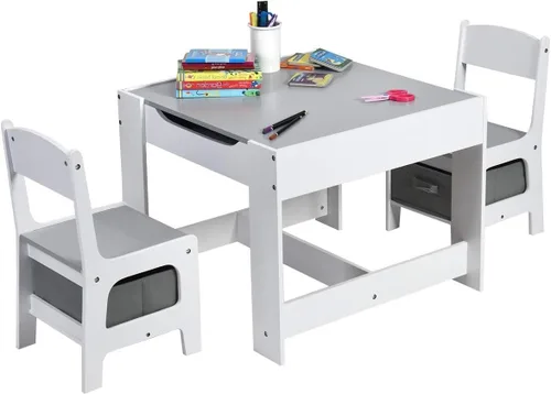 Fireflowery - Juego de mesa y silla para niños, mesa de actividades de madera 3 en 1 con cajón de almacenamiento y pizarra desmontable, escritorio