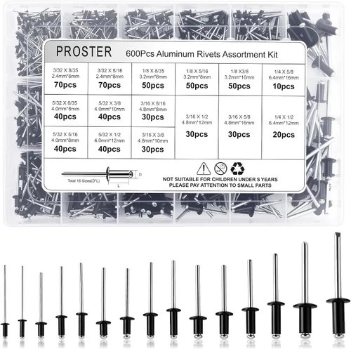 Proster Kit surtido de 600 remaches ciegos de aluminio negro, 15 tamaños (3/32 pulgadas - 1/4 pulgadas) con estuche de almacenamiento portátil para