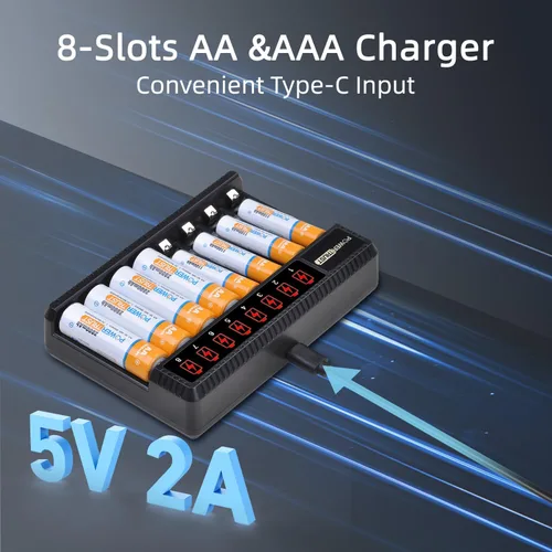 Miniatura 4 de Baterías AA recargables y pilas AAA (paquete de 4) con cargador de batería AA AAA de 8 bahías, cargador de batería recargable Ni-Mh