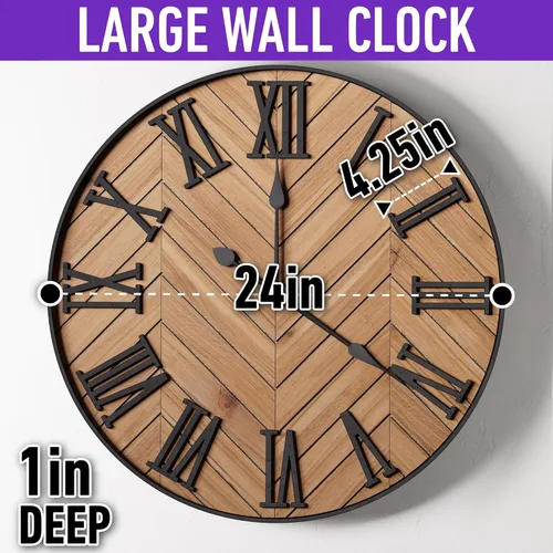 Miniatura 6 de Reloj de pared grande de 24" redondo - silencioso, metal y madera, gran reloj de pared estilo granja para decoración de sala de estar con números
