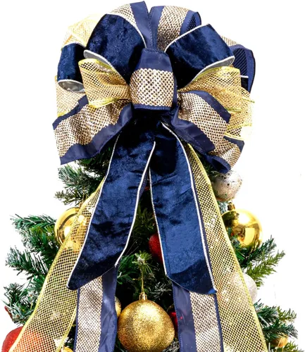 Adorno de Lazo Azul Dorado para la Punta del Árbol de Navidad - 33 x 13 Pulgadas Lazo de Regalo Grande Hecho a Mano Decoración para Coronas