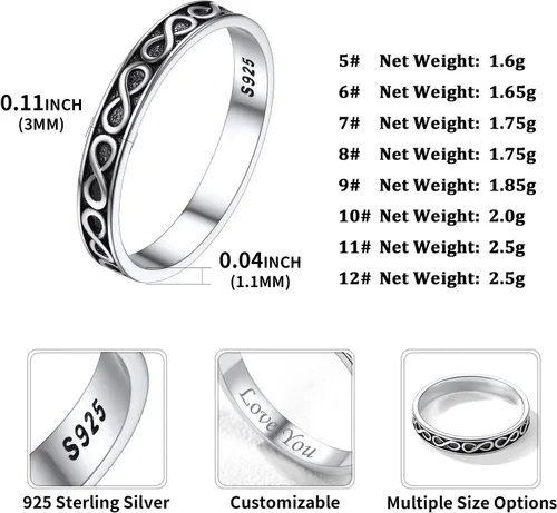 Miniatura 4 de ChicSilver Anillo de plata de ley 925 de 0.079in con diseño retro de mal de ojovid apilable, anillo de boda eternidad para mujer, talla 5-12