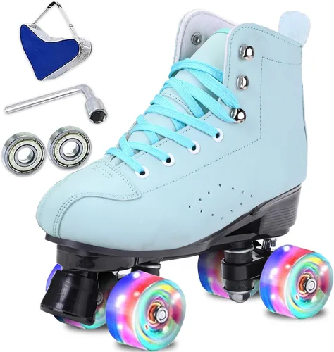 Miniatura 10 de Patines para mujer y hombre de caña alta en negro, de cuero sintético clásico, patines de doble fila ajustables para interiores y exteriores