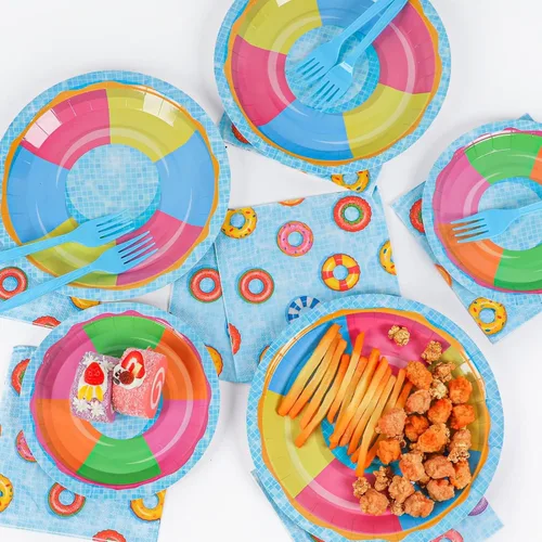 Miniatura 5 de ZOIIWA Juego de 96 platos y servilletas para fiesta en la piscina, platos con diseño de pelota de playa, suministros para fiestas, platos de papel