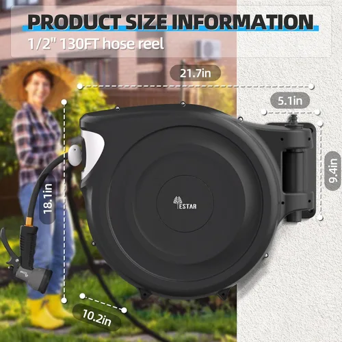 Miniatura 7 de Carrete de manguera de jardín retráctil de 1/2 pulgadas x 130 pies, carrete de manguera automático con boquilla de 7 patrones, bloqueo de cualquier
