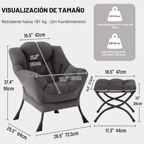 Miniatura 2 de Tiita - Silla perezosa con otomana, moderna y grande, sillón de ocio con otomana, silla de sofá con reposapiés para recámara, sala de estar, Gris