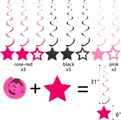 Miniatura 6 de Decoraciones de Fiesta de Cumpleaños en Negro y Rosa - Pancarta de Feliz Cumpleaños, Bolas de Panal, Remolinos de Estrellas, Puntos Circulares