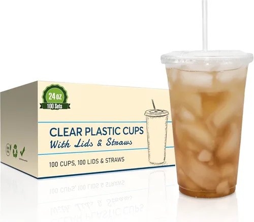 Togo - Vasos de plástico desechables transparentes de 24 onzas con tapas planas y pajitas, tazas desechables para café helado, ideales para fiestas,