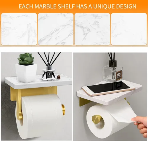 Miniatura 4 de Soporte de papel higiénico dorado cepillado con estante de mármol, soporte de papel higiénico montado en la pared de acero inoxidable 304, soporte
