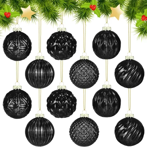 Jenaai 12 piezas adornos de bola de Navidad de cristal negro de 2.36 pulgadas, decoraciones vintage de árbol de Navidad, adornos colgantes de vidrio