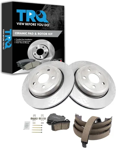Miniatura 145 de TRQ Kit de pastillas de freno y rotor Posi trasero premium con zapatas de estacionamiento para camión GM SUV