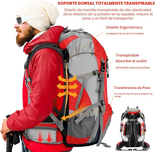 Miniatura 3 de Mochila Loowoko de 50 l para senderismo, impermeable, con cubierta para la lluvia, mochila esencial para acampar, mochila ligera de 45 + 5 litros