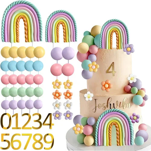49 Piezas Decoraciones para Pastel Arcoíris Groovy Boho Hippie Decoraciones para Pastel Bolas Pastel Margarita Flor Número Adornos para Pastel para
