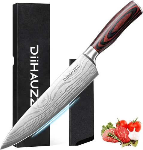 DiiHAUZZ Cuchillo de chef de 8 pulgadas, cuchillo de cocina ultra afilado en acero inoxidable de alto carbono para chefs profesionales y caseros con