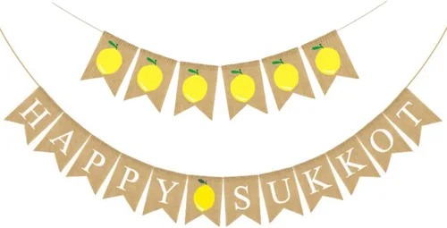 Bandera colgante de Happy Sukkot, 2 carteles de arpillera de Sukkah Etrog y Lulav, decoraciones de festivales judíos Chag Sameach para uso en