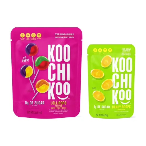 Koochikoo Variety, 1 bolsa de piruletas orgánicas sin azúcar Koochikoo, 24 unidades, 1 bolsa de gotas orgánicas sin azúcar, lima limón, 16 unidades,
