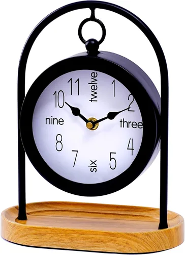Reloj de escritorio de metal negro con base de madera, reloj de mesa decorativo para sala de estar, relojes de repisa silenciosos, decoración de
