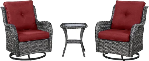 Miniatura 108 de HUMMUH Silla mecedora giratoria de ratán de 3 piezas para exteriores, juego de muebles de bistró de patio con cubierta, silla de mimbre acolchada