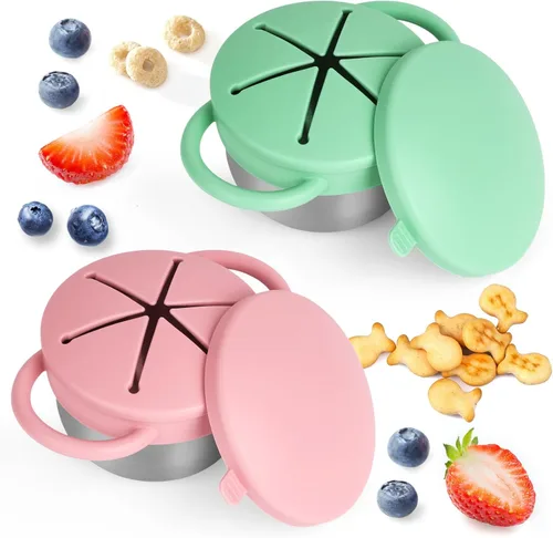 Miniatura 9 de Pack de 2 tazas para aperitivos a prueba de derrames para niños pequeños - Tazas para aperitivos de acero inoxidable desmontables para niños