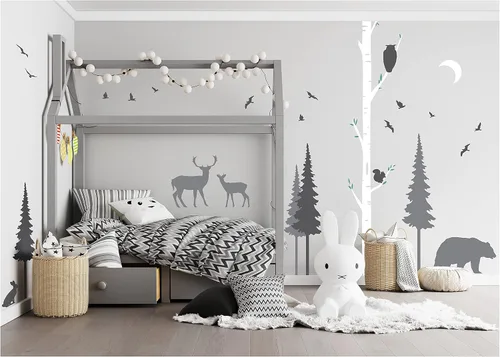 PapaKit Calcomanía de pared de pino y abedul del bosque (paquete esencial) para bebés, niñas, niños, guardería, niños, adolescentes, decoración del