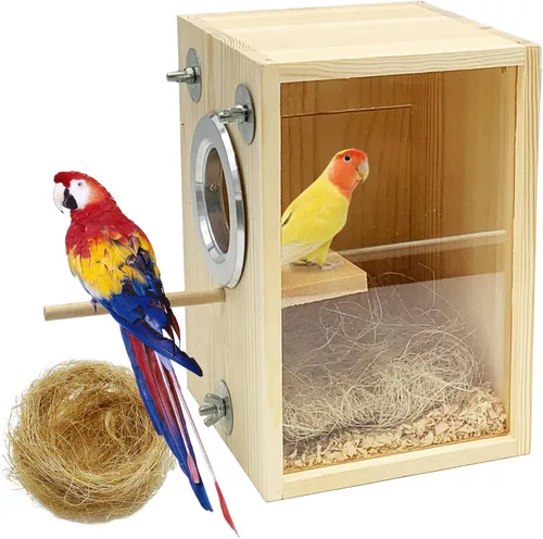 Miniatura 11 de BNOSDM Caja de nido de periquitos Caja transparente de cría de aves Cajas nido de madera natural jaula para pájaros (S)