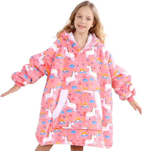 Miniatura 10 de Topblan Manta con Capucha para Niños, Niñas, Adolescentes, Manta de Franela y Sherpa de Gran Tamaño con Capucha, Bolsillo y Mangas