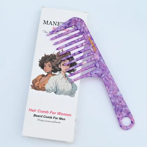 Miniatura 6 de D1 Peine de mango de dientes anchos para cabello rizado Eleva, conserva el rizo, suaviza el cabello. Peine de acetato (morado brillante)