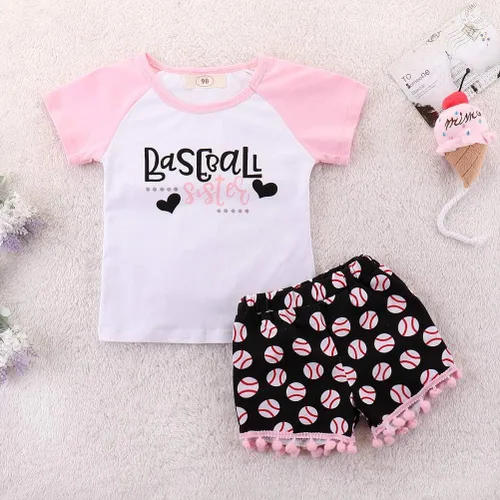 Miniatura 2 de Conjunto de ropa de dos piezas con estampado de hermanas de béisbol y camisetas + pantalones cortos con borlas, para bebé