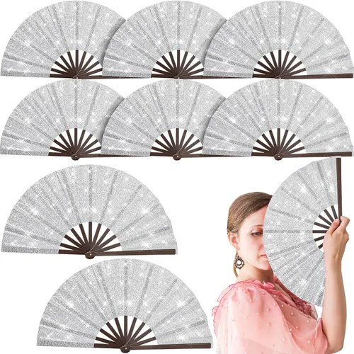 Miniatura 7 de Wenqik Abanico de mano plegable grande con purpurina de 9 piezas, decoración del día de San Valentín, ventilador chino de Kung Fu para el hogar
