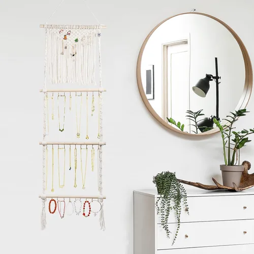 Miniatura 5 de Teniinet Organizador colgante de joyas, colgador de collar de macramé bohemio montado en la pared con 30 ganchos, soporte de joyería colgante