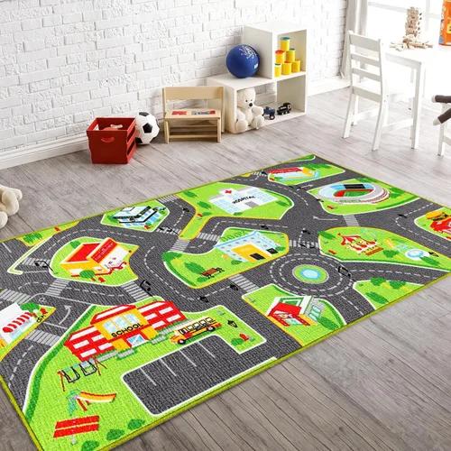 Booooom Jackson Alfombras de coche para niños, autos de juguete de 31 x 59 pulgadas, colorido juego de simulación de ciudad divertida, alfombra de