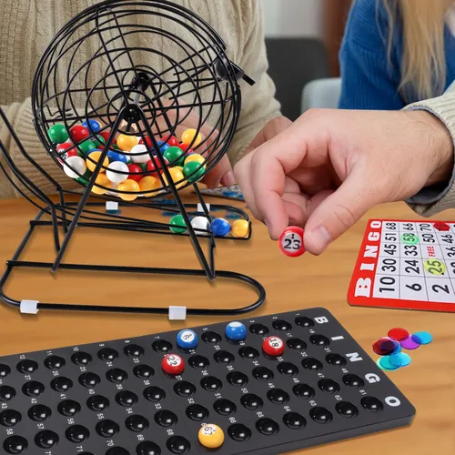 Miniatura 6 de GSE Games & Sports Expert - Juego de bingo de lujo con jaula grande de acero, tablero maestro, 75 bolas de colores, 500 fichas, 50 tarjetas de bingo
