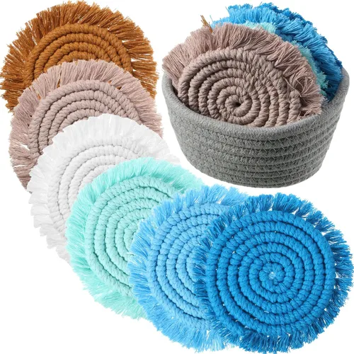 Miniatura 7 de Juego de 6 posavasos de algodón tejido bohemio absorbente con soporte para casa de campo, borla de macramé, regalo de inauguración de la casa