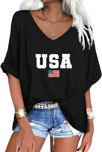 Miniatura 19 de UNCLECAT Camisetas de gran tamaño con cuello en V para mujer, camisas de manga corta de verano, holgadas, casuales