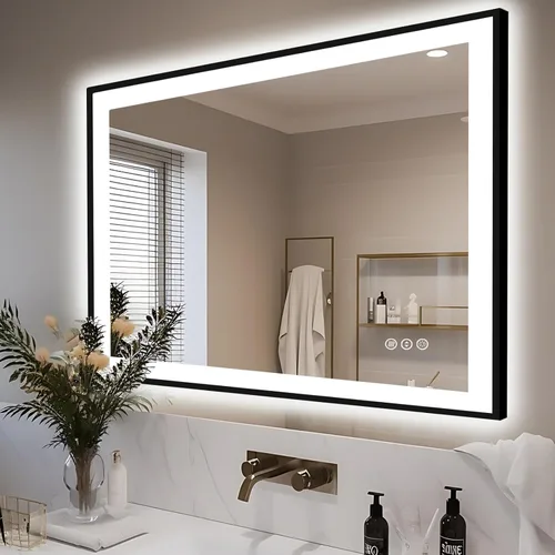 Miniatura 32 de EchosLife Espejos de baño LED de 20 x 28 pulgadas para pared, marco de aluminio negro (frontal y retroiluminado), espejo de tocador antivaho