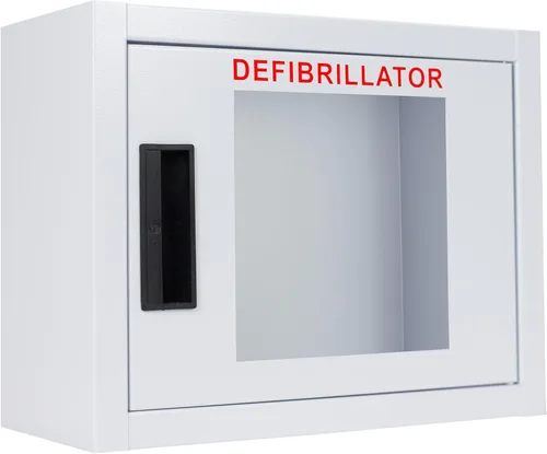 Armario AED estándar, no alarmado, compacto. Se adapta a muchos desfibriladores en el mercado. Mide 11.63 pulgadas de alto x 14.75 pulgadas de largo