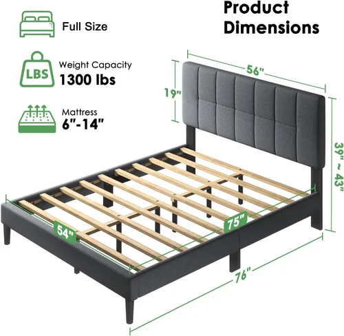 Miniatura 2 de Marsail Base de cama de tamaño matrimonial con cabecero, resistente y duradera con 12 patas de soporte, capacidad de 1300 libras, cabecera tapizada