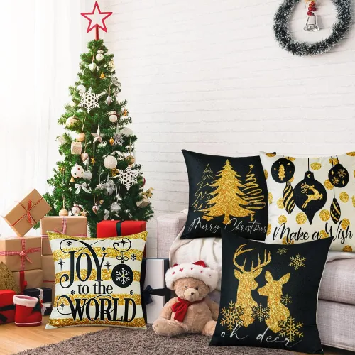 Miniatura 4 de OTOSTAR Juego de 4 fundas de almohada doradas de Navidad de 18 x 18 pulgadas para decoraciones de Navidad, alce negro y dorado, para árbol de Negro