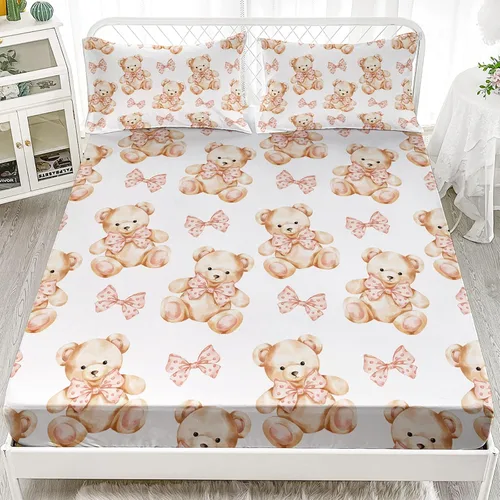 Miniatura 3 de AILONEN Lovely Bear - Juego de sábanas bajeras tamaño Queen, juego de ropa de cama con pajarita de dibujos animados para niños y niñas, sábana