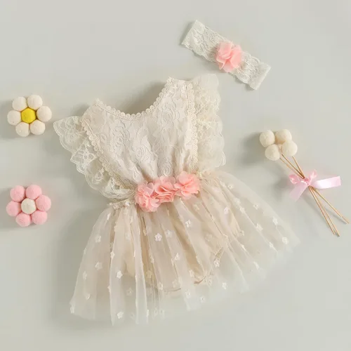 Miniatura 2 de Ropa de bebé niña de verano de encaje mameluco mameluco mameluco manga con volantes sin espalda body traje de una pieza