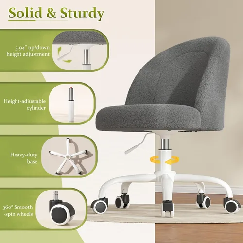 Miniatura 7 de DurayLoly Silla de tocador con respaldo, bonita silla de escritorio con ruedas, silla de oficina sin brazos ajustable en altura, soporte lumbar Gris